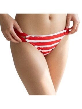 Juniors’ Patriotic Red White Stripe Scarf Tab Hipster Low Rise Bottom M Swimsuit